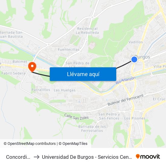 Concordia 5 to Universidad De Burgos - Servicios Centrales map
