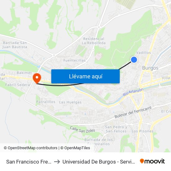 San Francisco Frente Al 33 to Universidad De Burgos - Servicios Centrales map