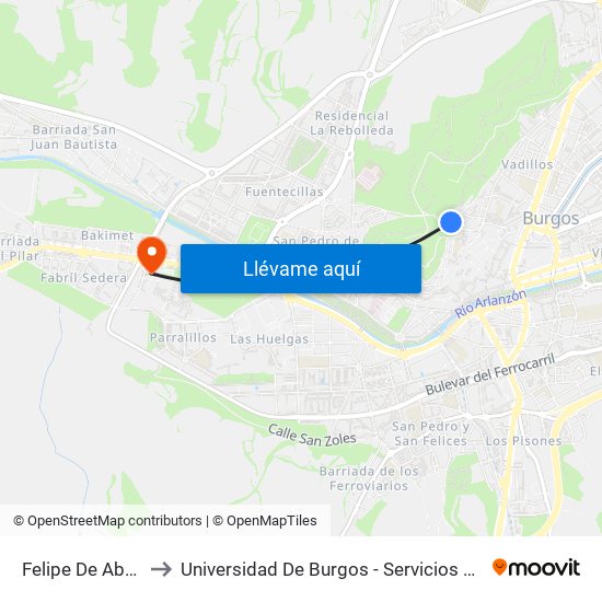 Felipe De Abajo 3 to Universidad De Burgos - Servicios Centrales map