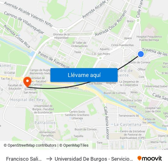 Francisco Salinas 50 to Universidad De Burgos - Servicios Centrales map