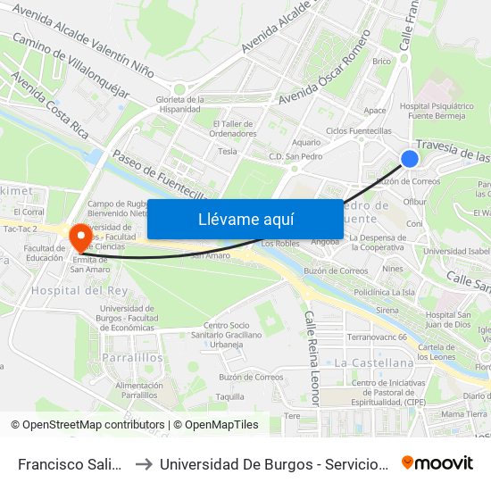 Francisco Salinas 49 to Universidad De Burgos - Servicios Centrales map
