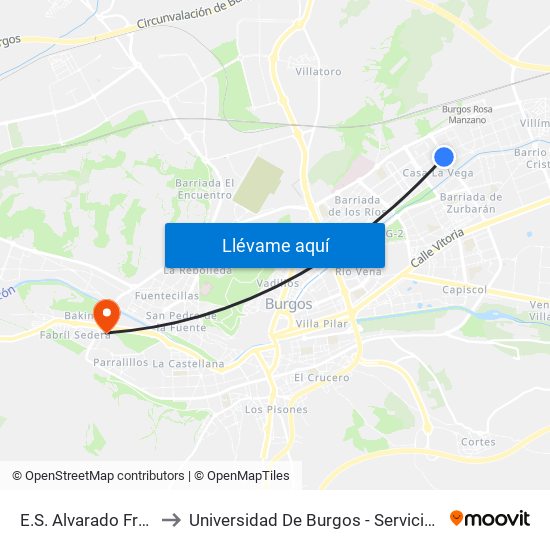 E.S.  Alvarado Frente 50 to Universidad De Burgos - Servicios Centrales map