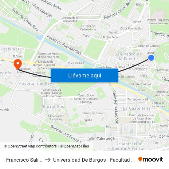 Francisco Salinas 19 to Universidad De Burgos - Facultad De Educación map