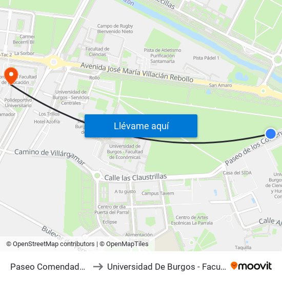 Paseo Comendadores El Parral to Universidad De Burgos - Facultad De Educación map