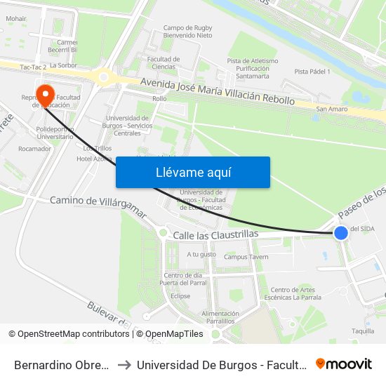 Bernardino Obregón Parral to Universidad De Burgos - Facultad De Educación map