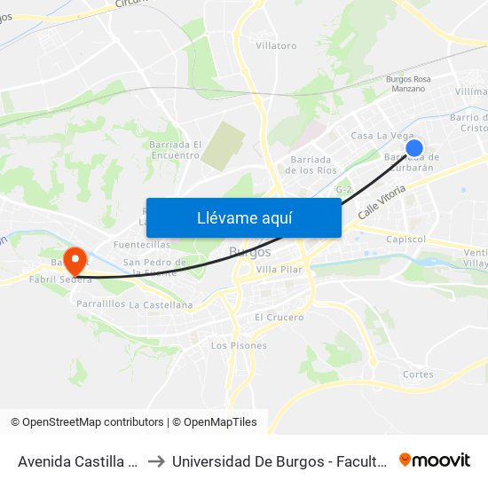 Avenida Castilla Y León 69 to Universidad De Burgos - Facultad De Educación map