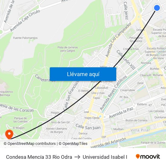 Condesa Mencía 33 Rio Odra to Universidad Isabel I map