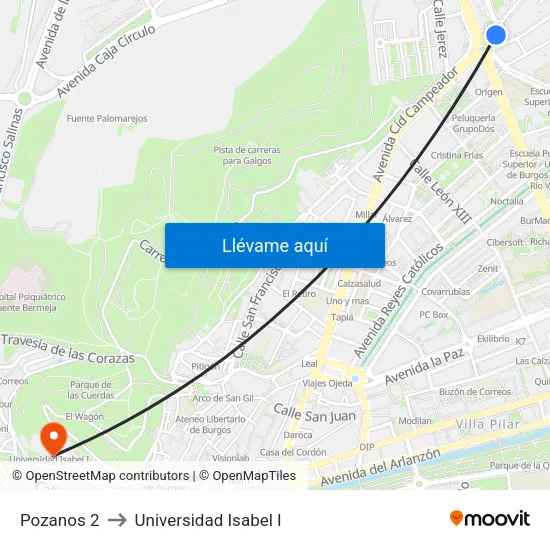 Pozanos 2 to Universidad Isabel I map