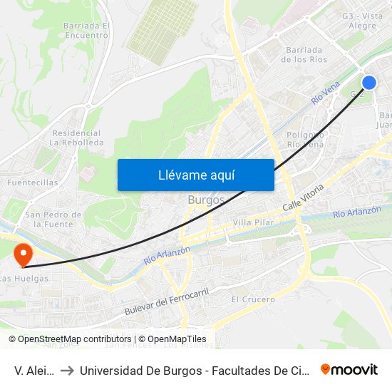 V. Aleixandre G2 to Universidad De Burgos - Facultades De Ciencias De La Salud Y Humanidades Y Comunicación map