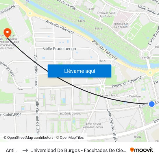 Antigua Renfe to Universidad De Burgos - Facultades De Ciencias De La Salud Y Humanidades Y Comunicación map