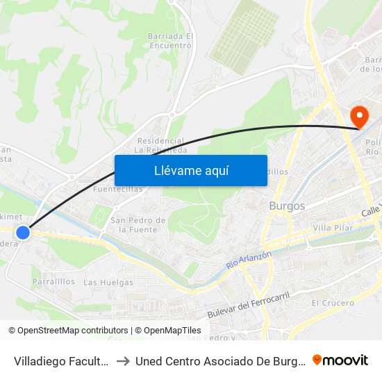 Villadiego Facultad to Uned Centro Asociado De Burgos map