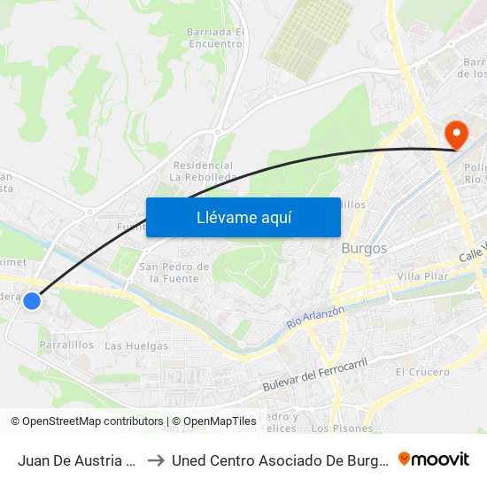 Juan De Austria 18 to Uned Centro Asociado De Burgos map