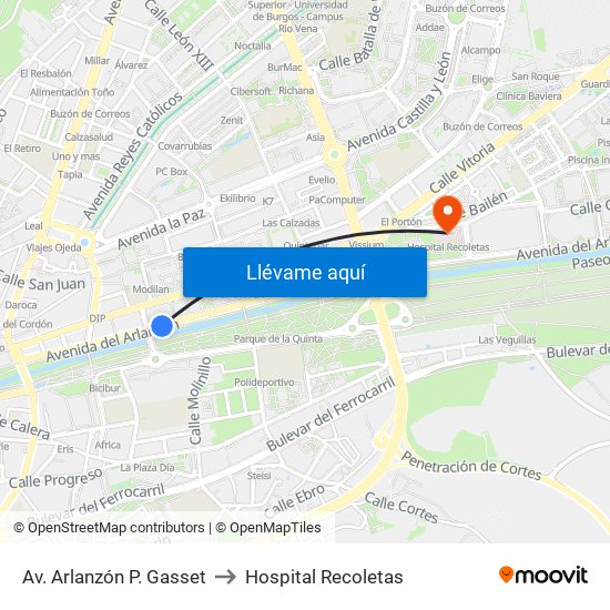 Av. Arlanzón P. Gasset to Hospital Recoletas map