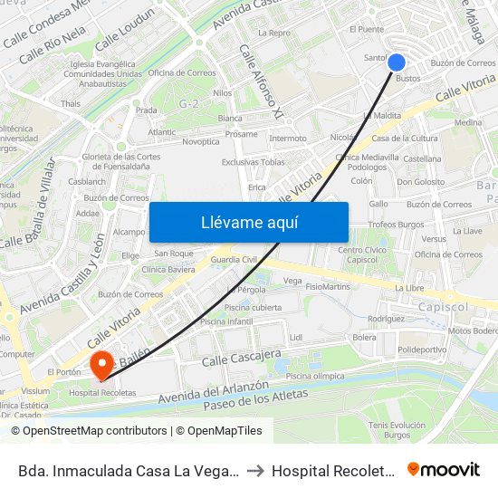 Bda. Inmaculada Casa La Vega 2 to Hospital Recoletas map