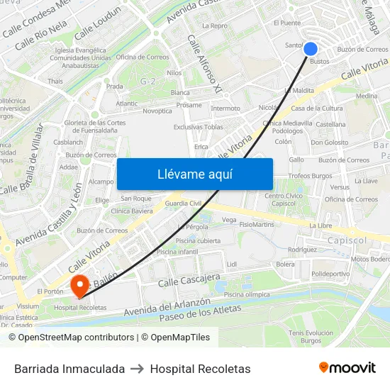 Barriada Inmaculada to Hospital Recoletas map