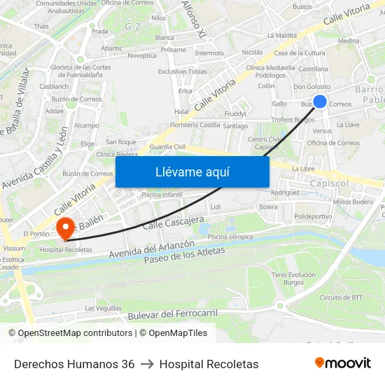 Derechos Humanos 36 to Hospital Recoletas map