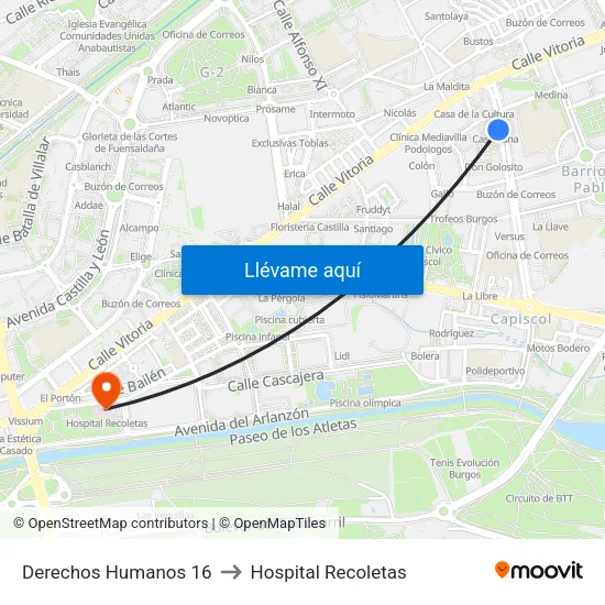 Derechos Humanos 16 to Hospital Recoletas map