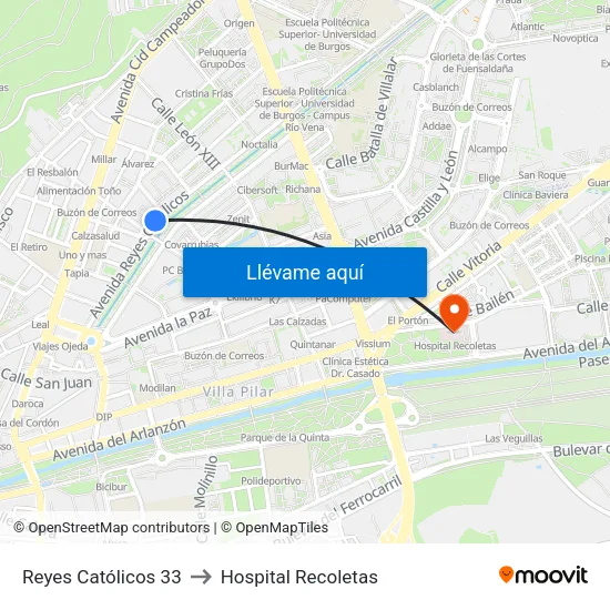 Reyes Católicos 33 to Hospital Recoletas map