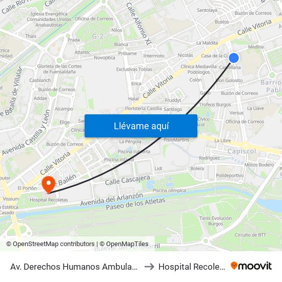 Av. Derechos Humanos Ambulatorio to Hospital Recoletas map