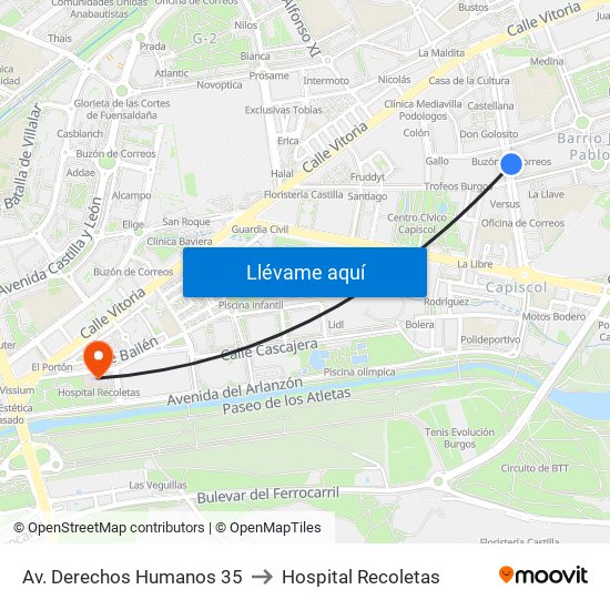 Av. Derechos Humanos 35 to Hospital Recoletas map