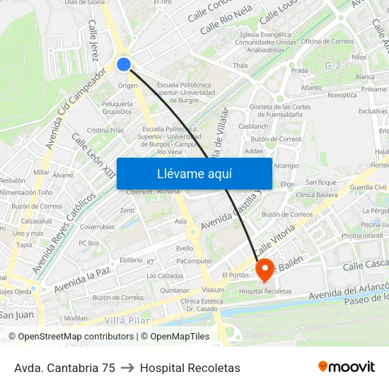 Avda. Cantabria 75 to Hospital Recoletas map