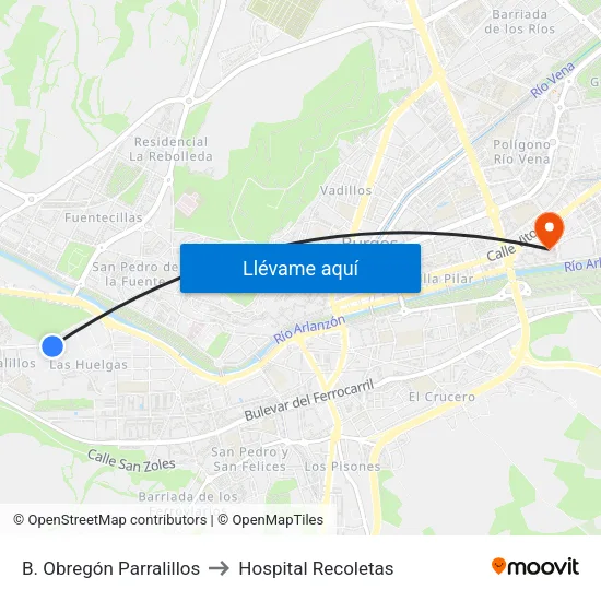 B. Obregón Parralillos to Hospital Recoletas map