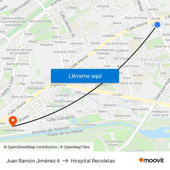 Juan Ramón Jiménez 6 to Hospital Recoletas map