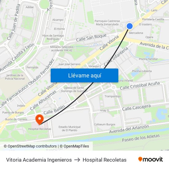 Vitoria Academia Ingenieros to Hospital Recoletas map