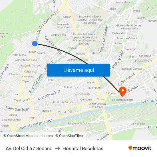 Av. Del Cid 67 Sedano to Hospital Recoletas map