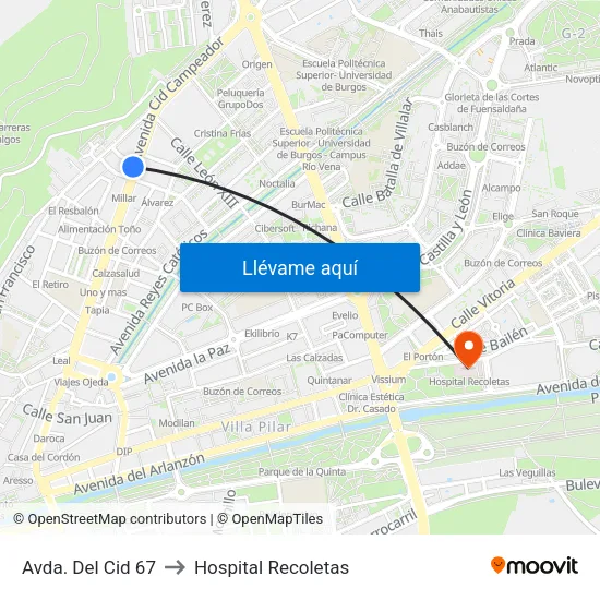 Avda. Del Cid 67 to Hospital Recoletas map