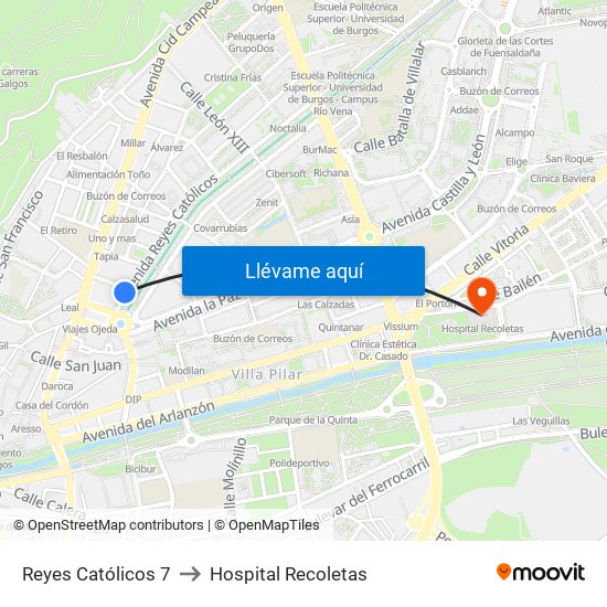 Reyes Católicos 7 to Hospital Recoletas map