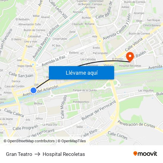 Gran Teatro to Hospital Recoletas map