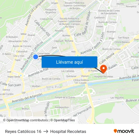 Reyes Católicos 16 to Hospital Recoletas map