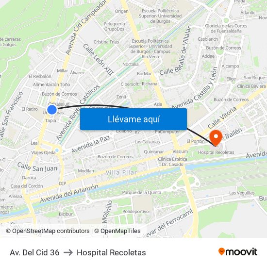 Av. Del Cid 36 to Hospital Recoletas map