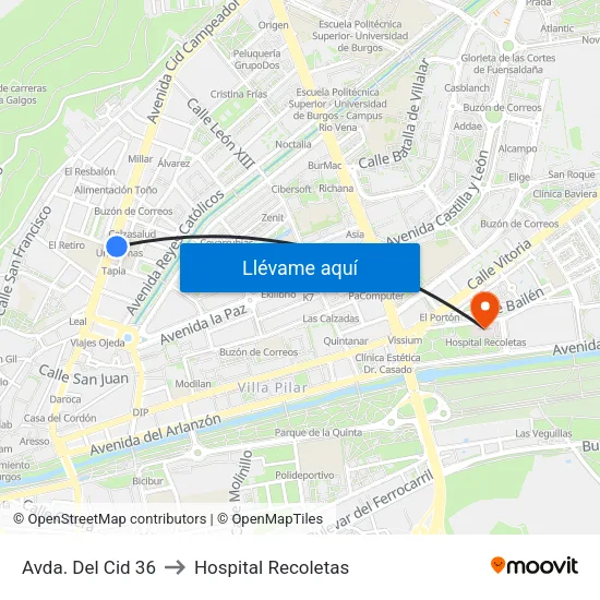 Avda. Del Cid 36 to Hospital Recoletas map