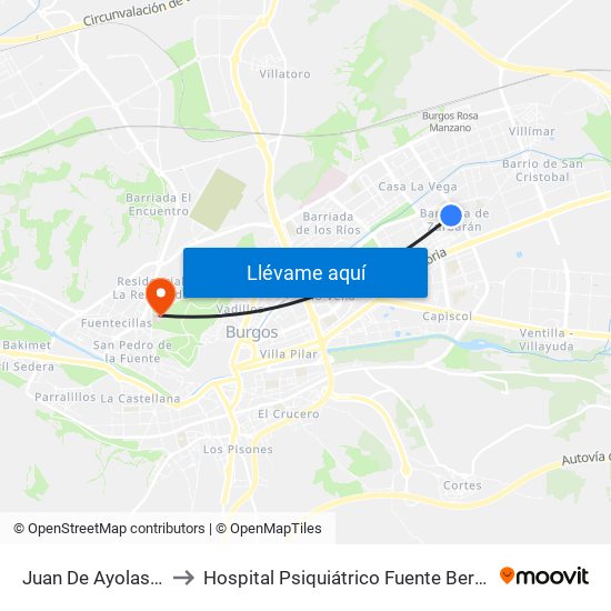 Juan De Ayolas 14 to Hospital Psiquiátrico Fuente Bermeja map