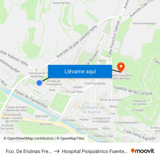 Fco. De Enzinas Frente 28 to Hospital Psiquiátrico Fuente Bermeja map