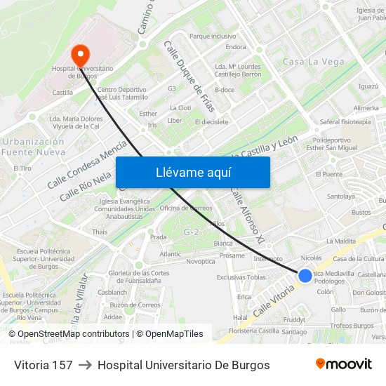 Vitoria 157 to Hospital Universitario De Burgos map