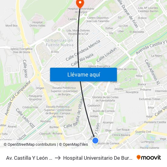 Av. Castilla Y León 18 to Hospital Universitario De Burgos map