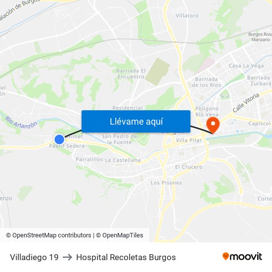 Villadiego 19 to Hospital Recoletas Burgos map