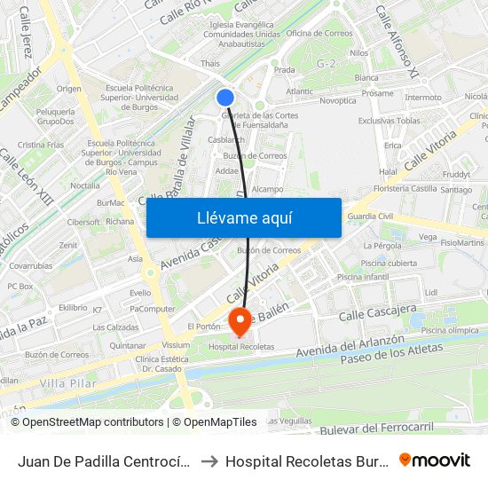 Juan De Padilla Centrocívico to Hospital Recoletas Burgos map