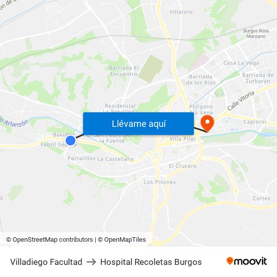 Villadiego Facultad to Hospital Recoletas Burgos map