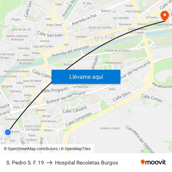 S. Pedro S. F. 19 to Hospital Recoletas Burgos map