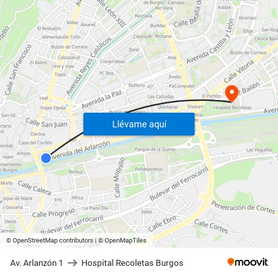 Av. Arlanzón 1 to Hospital Recoletas Burgos map