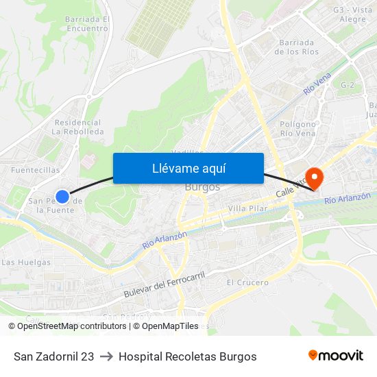 San Zadornil 23 to Hospital Recoletas Burgos map