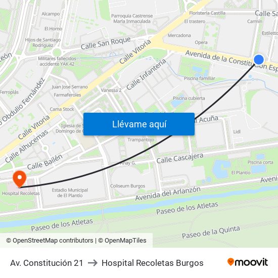 Av. Constitución 21 to Hospital Recoletas Burgos map