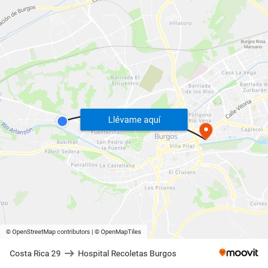 Costa Rica 29 to Hospital Recoletas Burgos map