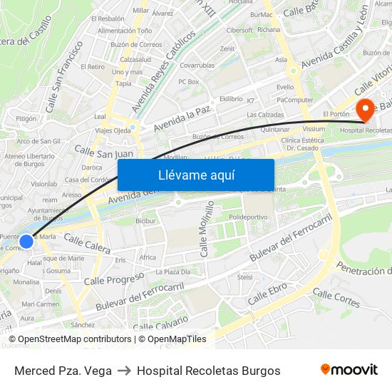 Merced Pza. Vega to Hospital Recoletas Burgos map