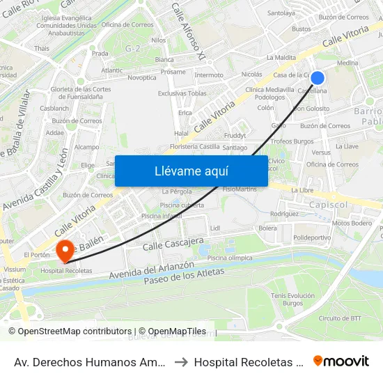Av. Derechos Humanos Ambulatorio to Hospital Recoletas Burgos map
