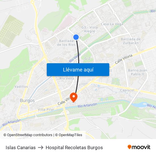 Islas Canarias to Hospital Recoletas Burgos map